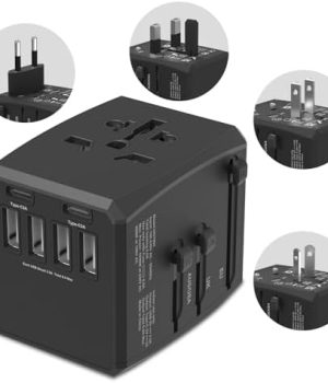 Universal Travel Adapter, 6-Port 6.0A 30W International Power Adapter with 4 USB-A, 2 USB-C Ports & 1 AC Outlet, European Travel Plug Adapter Travel Essentials(Type C/G/A/I)
